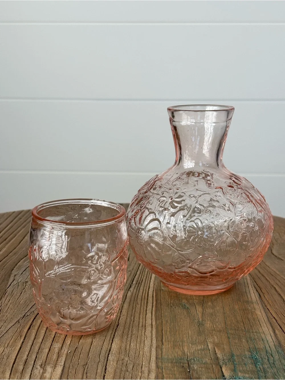 Vintage Pink Floral Depression Glass Bedside Carafe 
